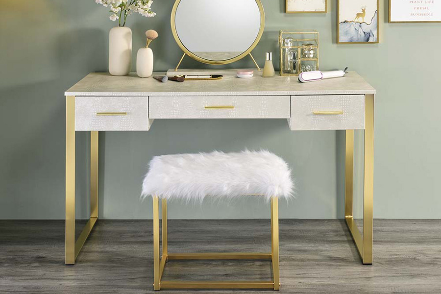 ACME Myles Vanity Set with USB Port - Antique White and Champagne Finish