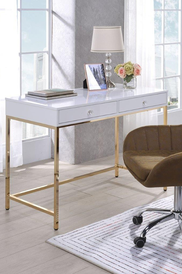 ACME - Ottey Vanity Desk (Same 92540) in White High Gloss/Gold