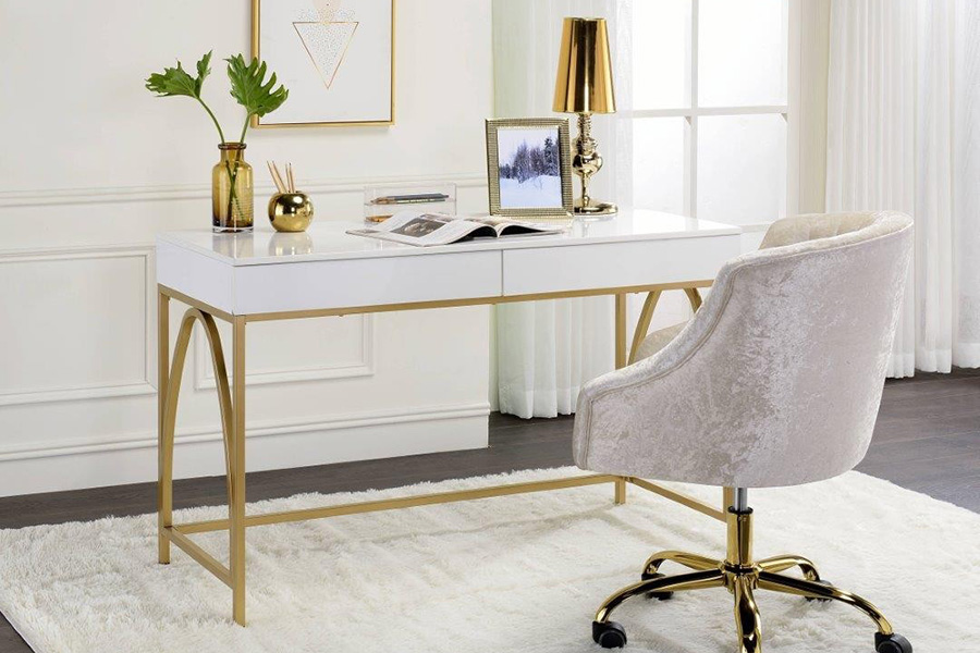 ACME - Lightmane Vanity Desk (Same 92660) in White High Gloss/Gold