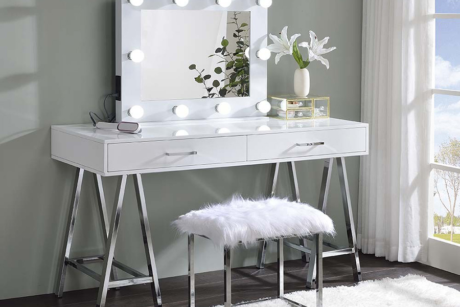 ACME - Coleen Vanity Desk (Same 92229) in White High Gloss/Chrome