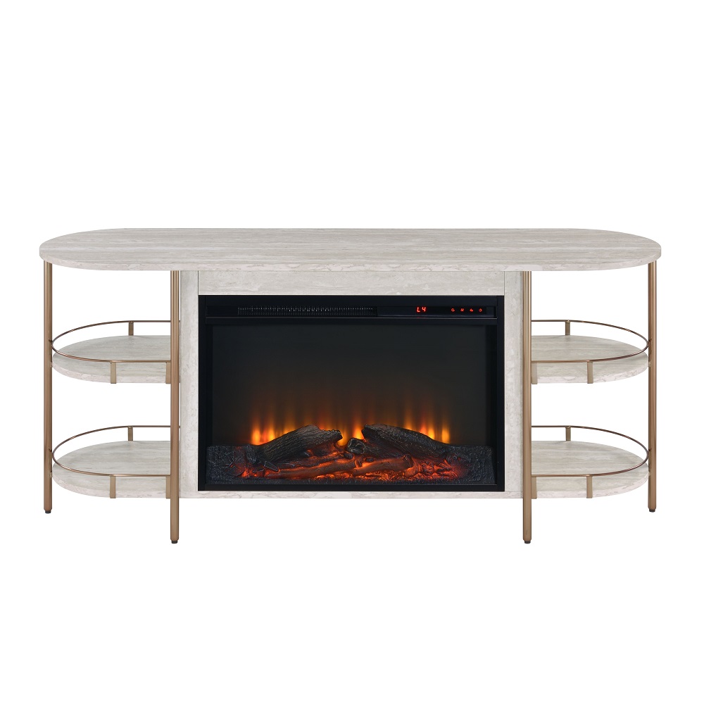 ACME - Valene Console Table with Fireplace in Stone Print Gold