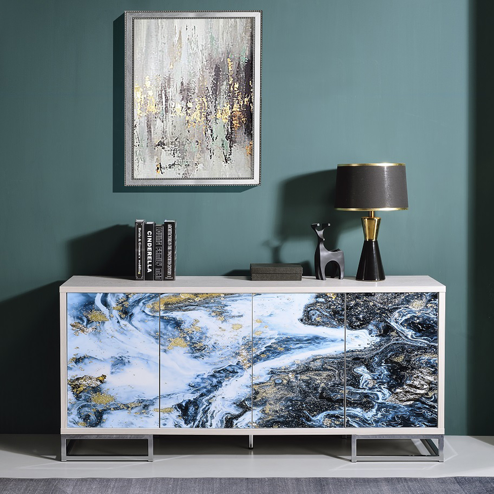 ACME - Liam Console Cabinet in Blue Marble Print/Chrome