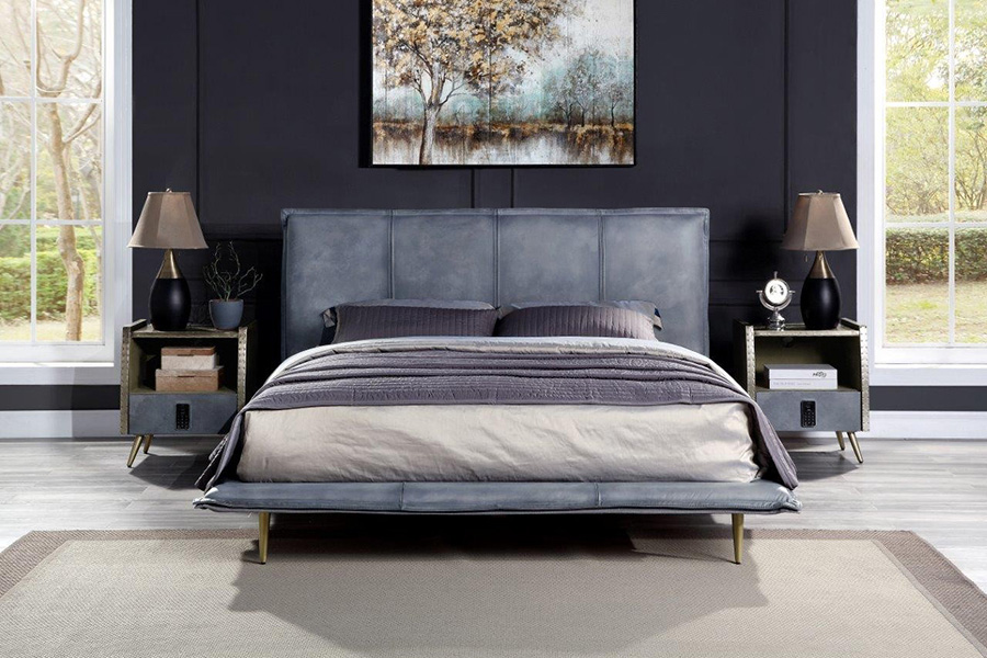 ACME Metis Bed - Gray Top Grain Leather, Queen Size