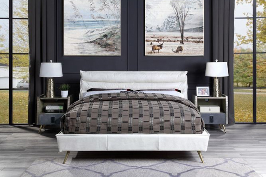 ACME Doris Bed - Vintage White Top Grain Leather, Queen Size