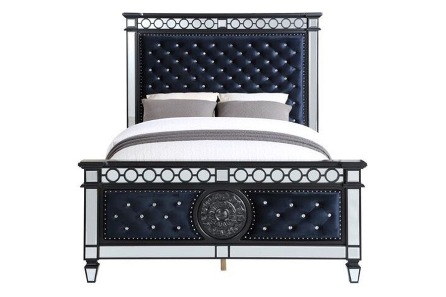 ACME Varian II Eastern King Bed - Mirrored/Dark Navy Blue/Black/Sliver