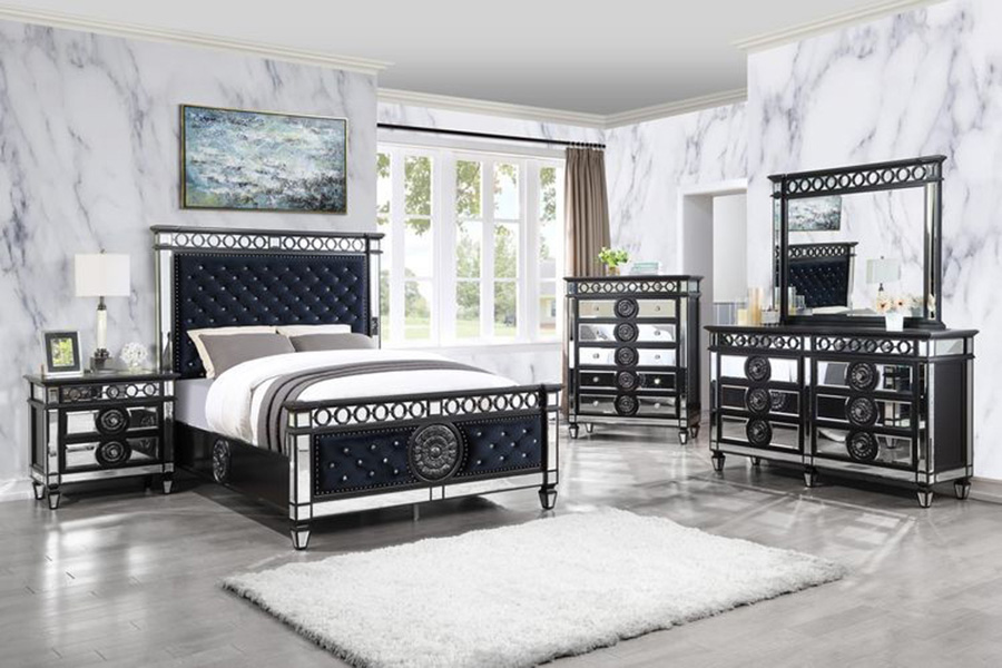 ACME Varian II Eastern King Bed - Mirrored/Dark Navy Blue/Black/Sliver