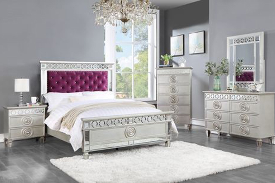 ACME Varian Bed - Burgundy Velvet and Silver, Full Size