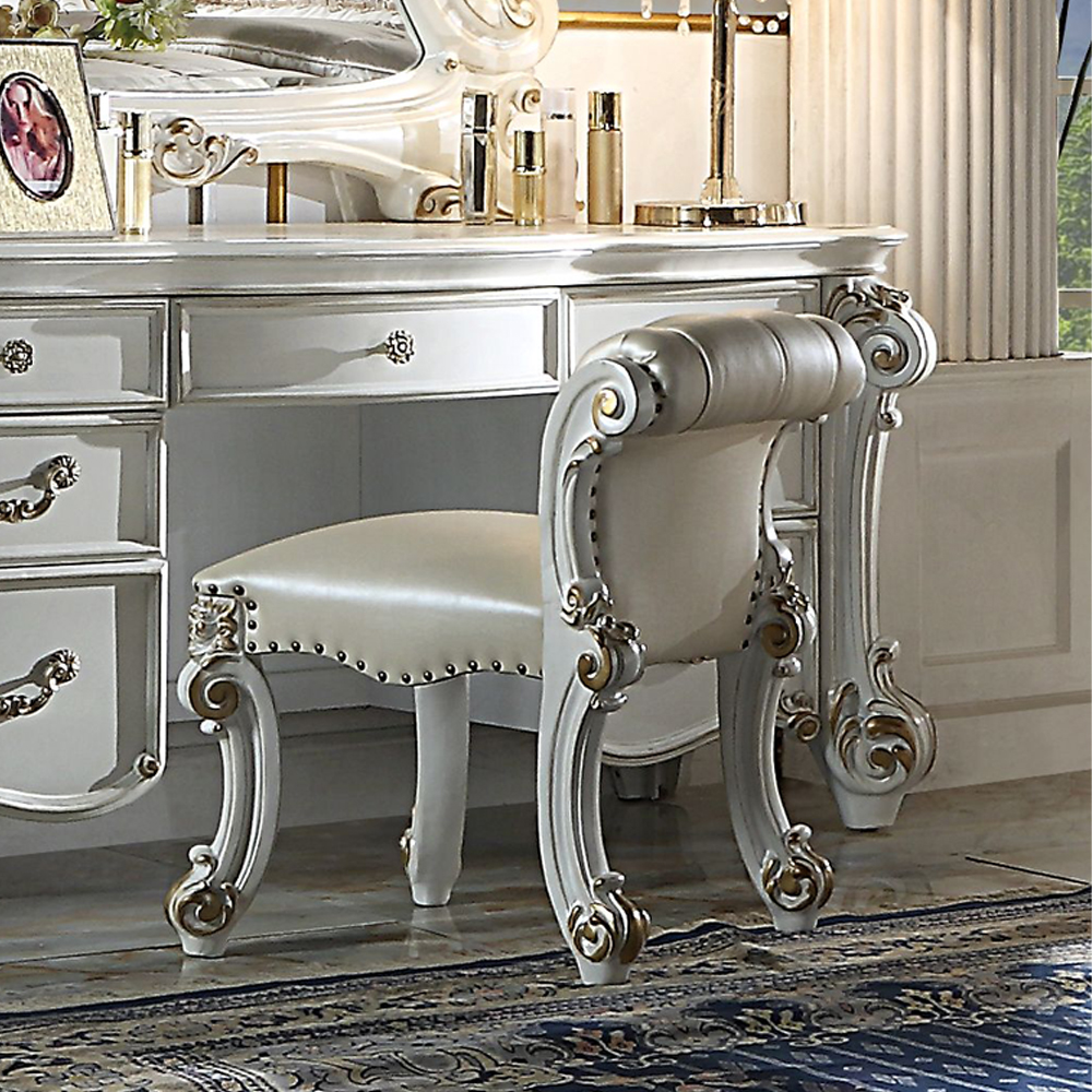 ACME Vendome Vanity Stool - Beige/Antique Silver