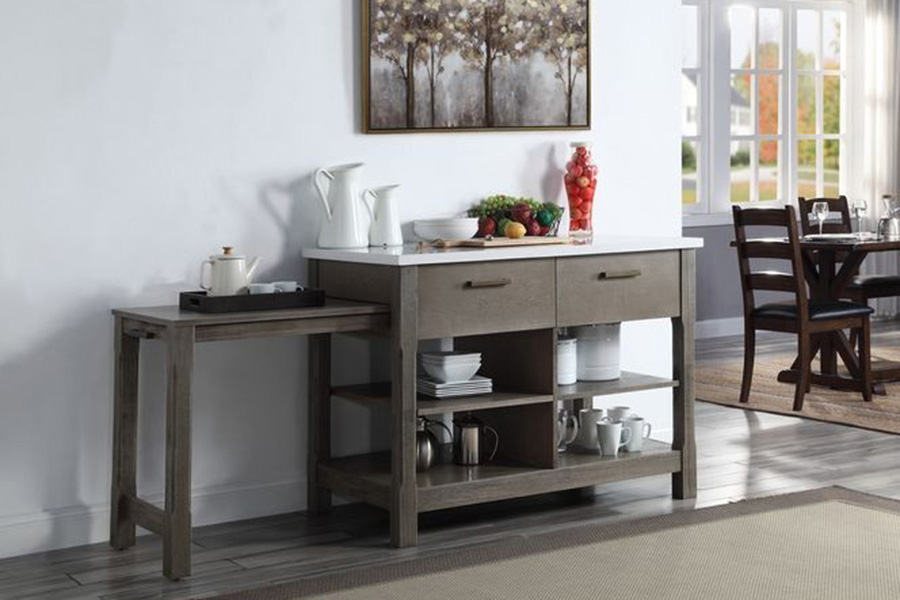ACME - Feivel Kitchen Island with Pull Out Table in Marble Top/Rustic Oak