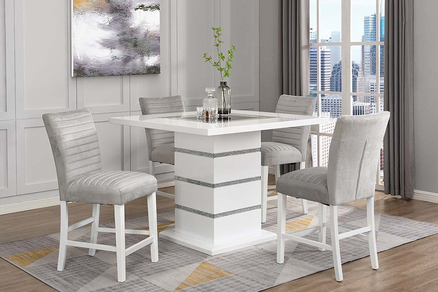 ACME - Elizaveta Counter Height Table with Pedestal Base in Faux Crystal Diamonds/White High Gloss