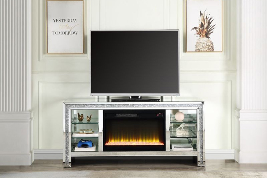 ACME - Noralie TV Stand with Fireplace & Led in Mirrored/Faux Diamonds (LV00317)