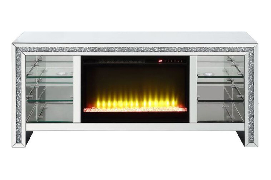 ACME - Noralie TV Stand with Fireplace & Led in Mirrored/Faux Diamonds (LV00317)