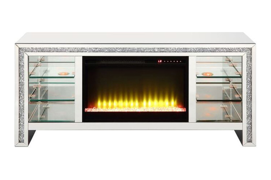 ACME - Noralie TV Stand with Fireplace & Led in Mirrored/Faux Diamonds (LV00317)