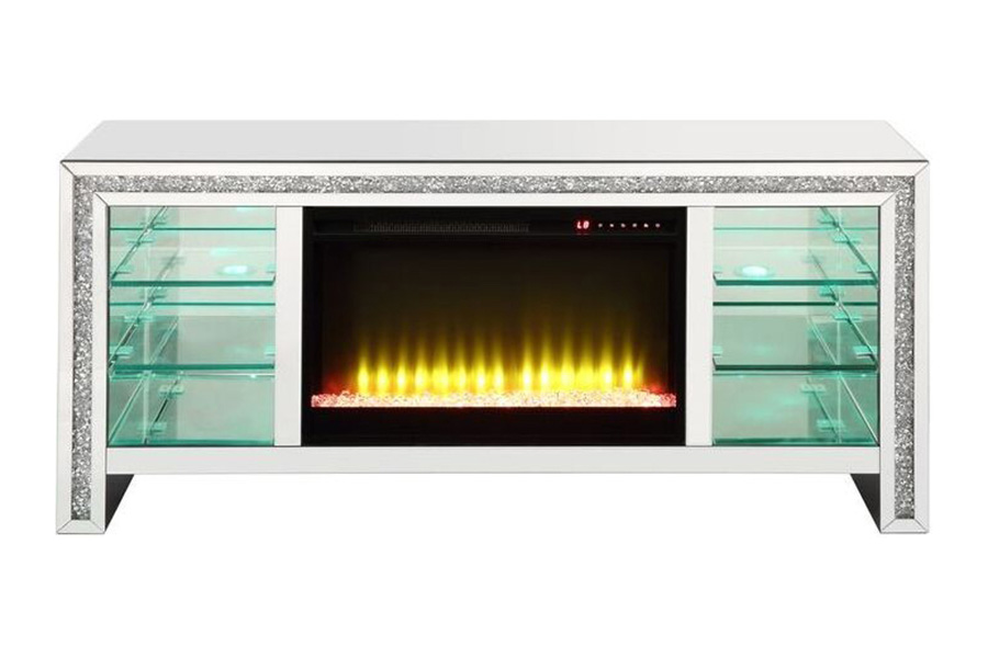 ACME - Noralie TV Stand with Fireplace & Led in Mirrored/Faux Diamonds (LV00317)