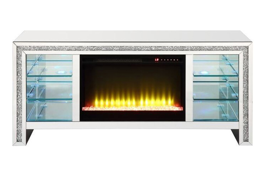 ACME - Noralie TV Stand with Fireplace & Led in Mirrored/Faux Diamonds (LV00317)