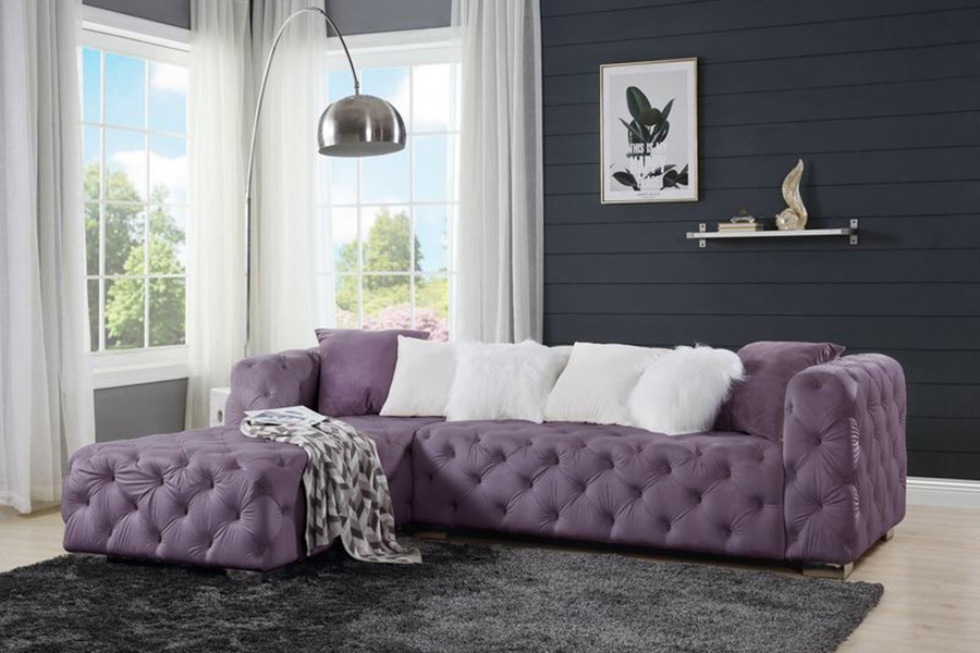 ACME Qokmis Sectional Sofa with 6 Pillows - Purple Velvet