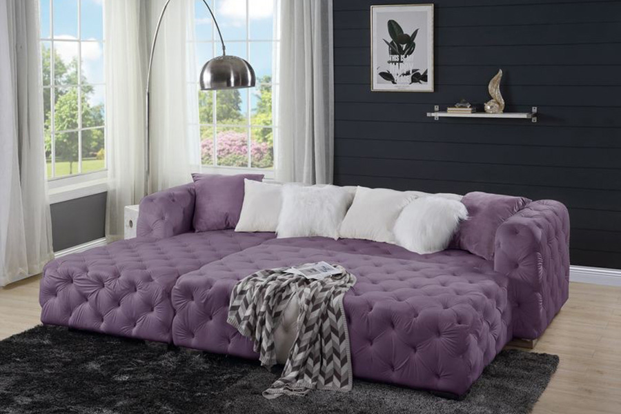 ACME Qokmis Sectional Sofa with 6 Pillows - Purple Velvet