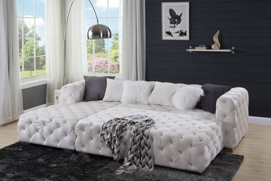 ACME Qokmis Sectional Sofa with 6 Pillows - Beige Velvet