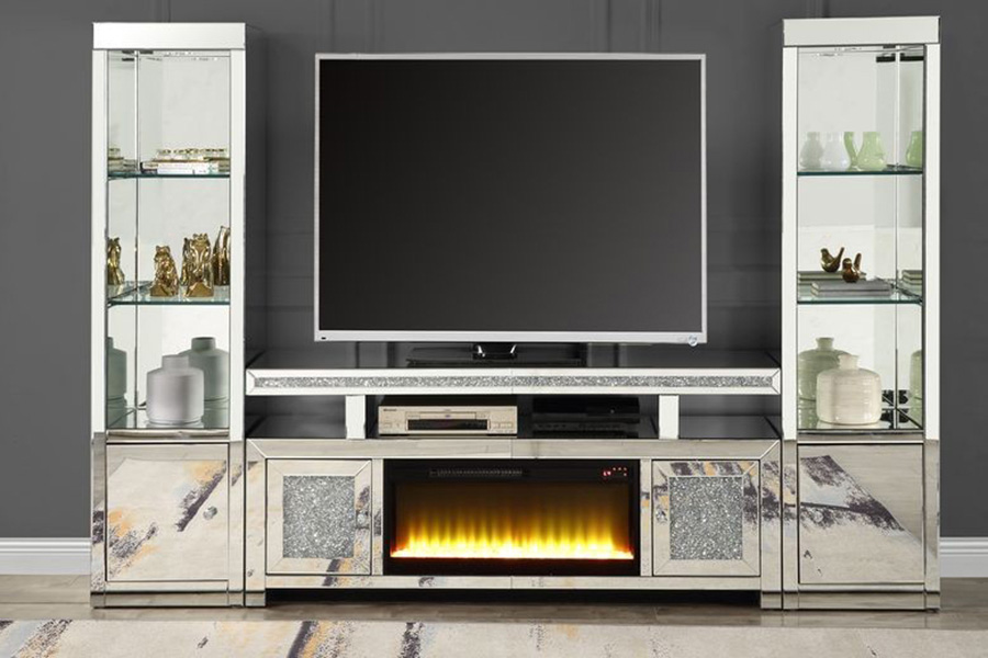 ACME - Noralie TV Stand with Fireplace in Mirrored/Faux Diamonds (LV00523)