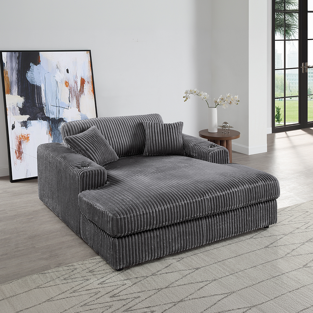 ACME Hilde Chaise with 2 Pillows - Gray Corduroy