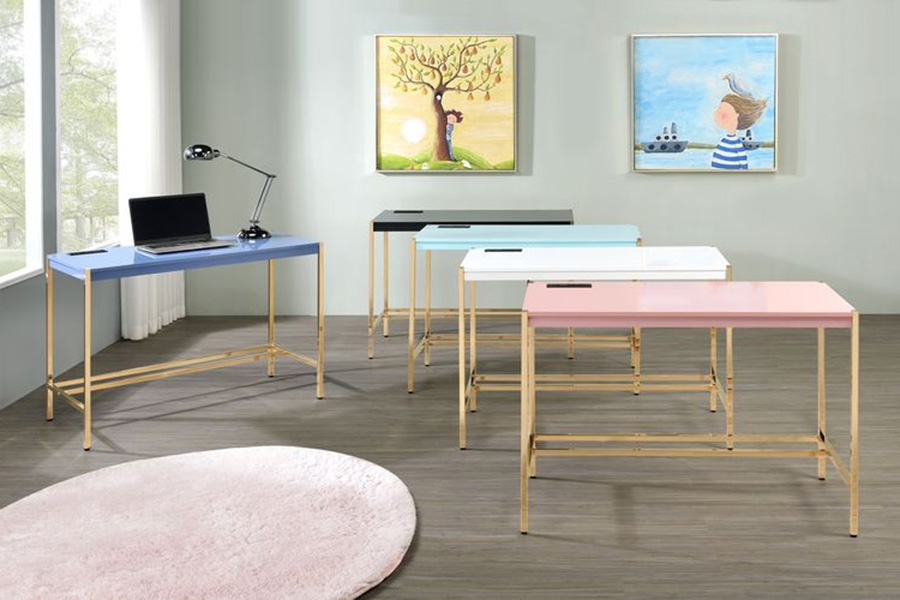 ACME Midriaks Writing Desk with USB - Navy Blue and Gold Finish