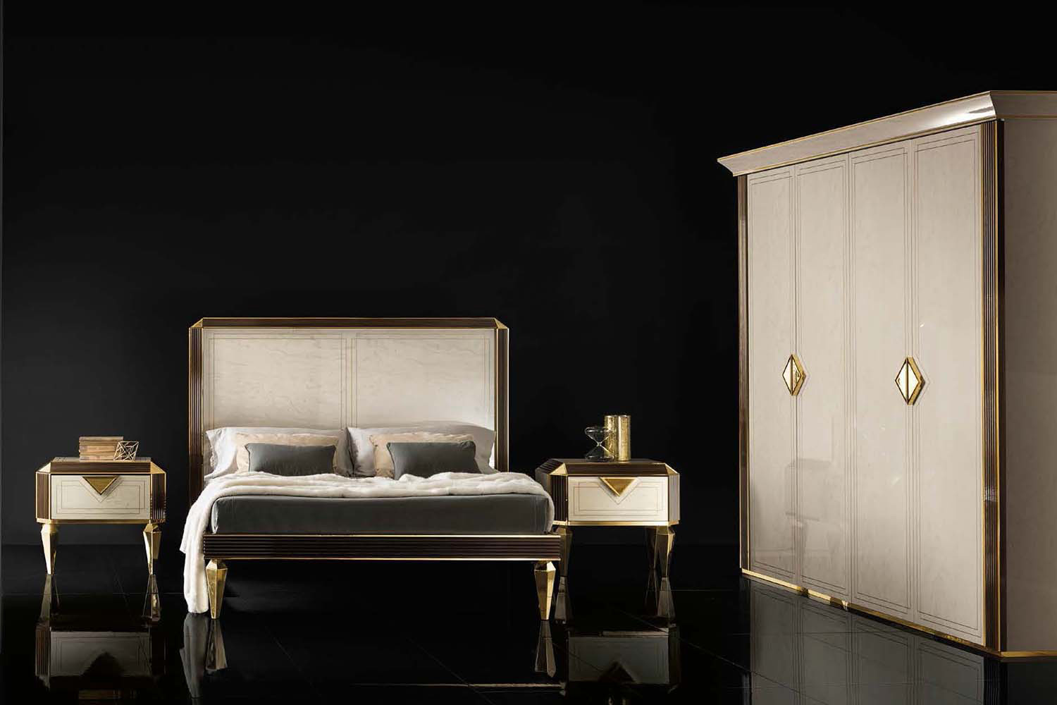 Arredoclassic Diamante King Size Bed Upholstered With Storage - Beige/Brown/Gold, Cat. B