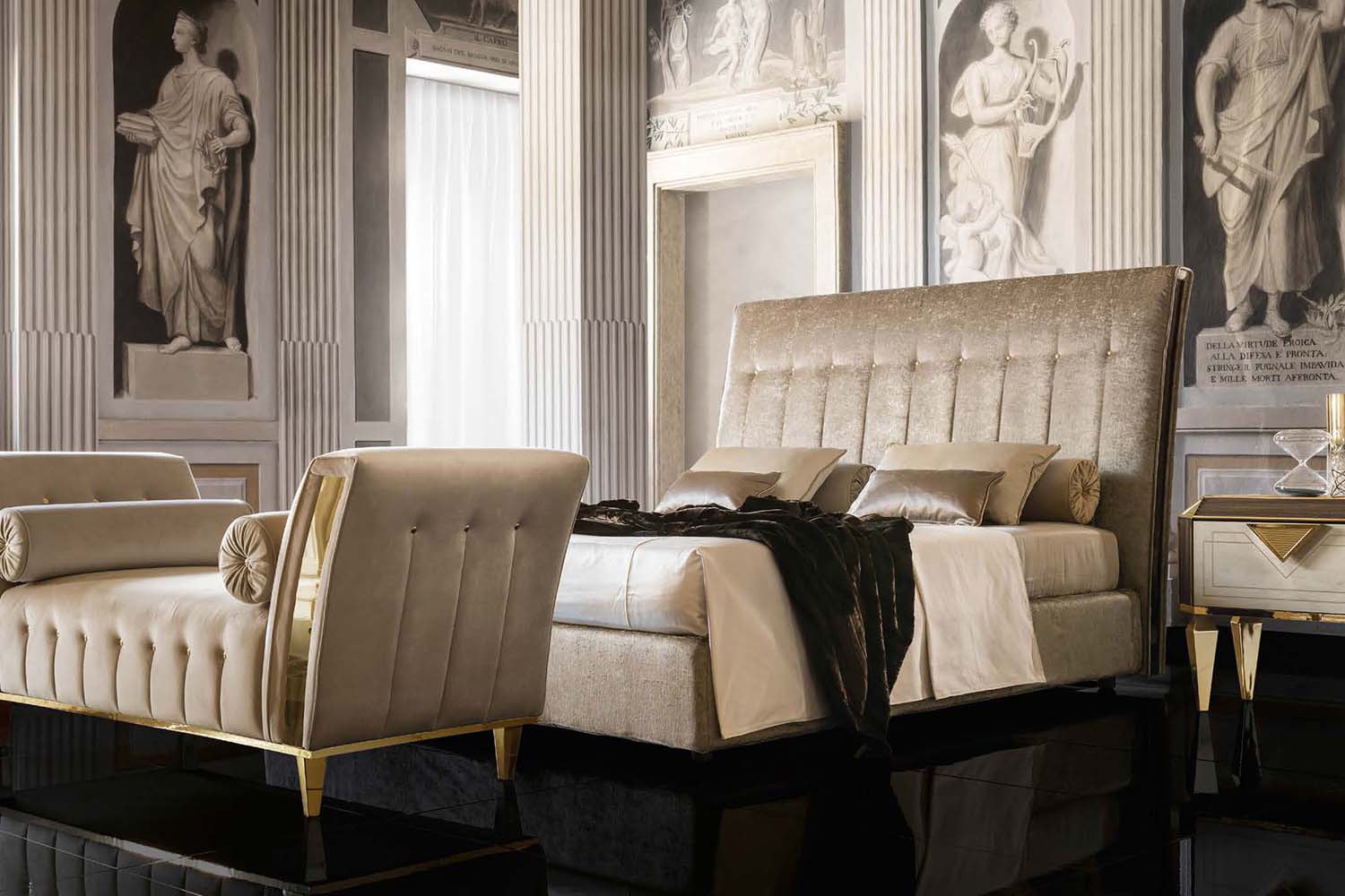 Arredoclassic Diamante King Size Bed Upholstered With Storage - Beige/Brown/Gold, Cat. B