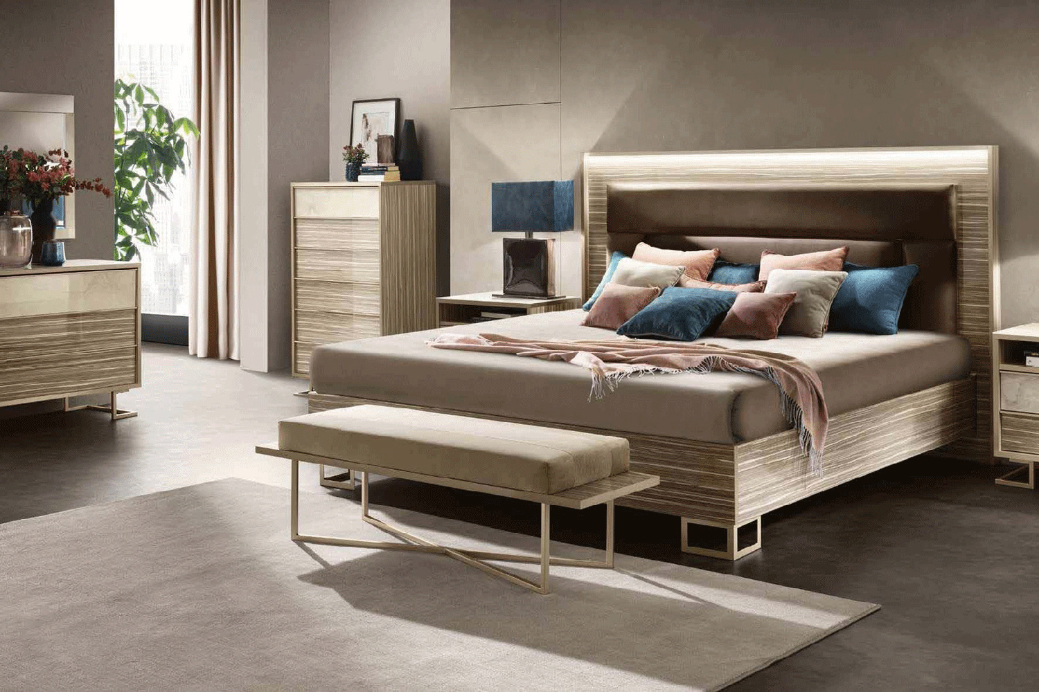 Arredoclassic Luce Light Twin Size Bed W/Upholstered Headboard - Light Beige/Brown