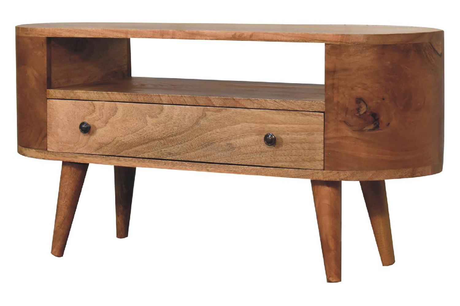 Artisan - Rounded Mini Entertainment Unit in Oak-ish, Open Shelf