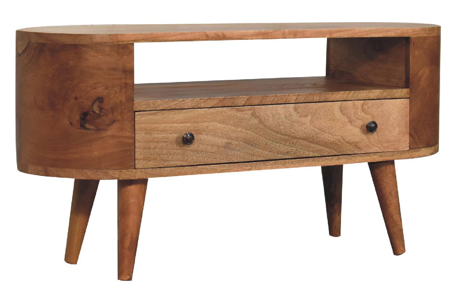 Artisan - Rounded Mini Entertainment Unit in Oak-ish, Open Shelf