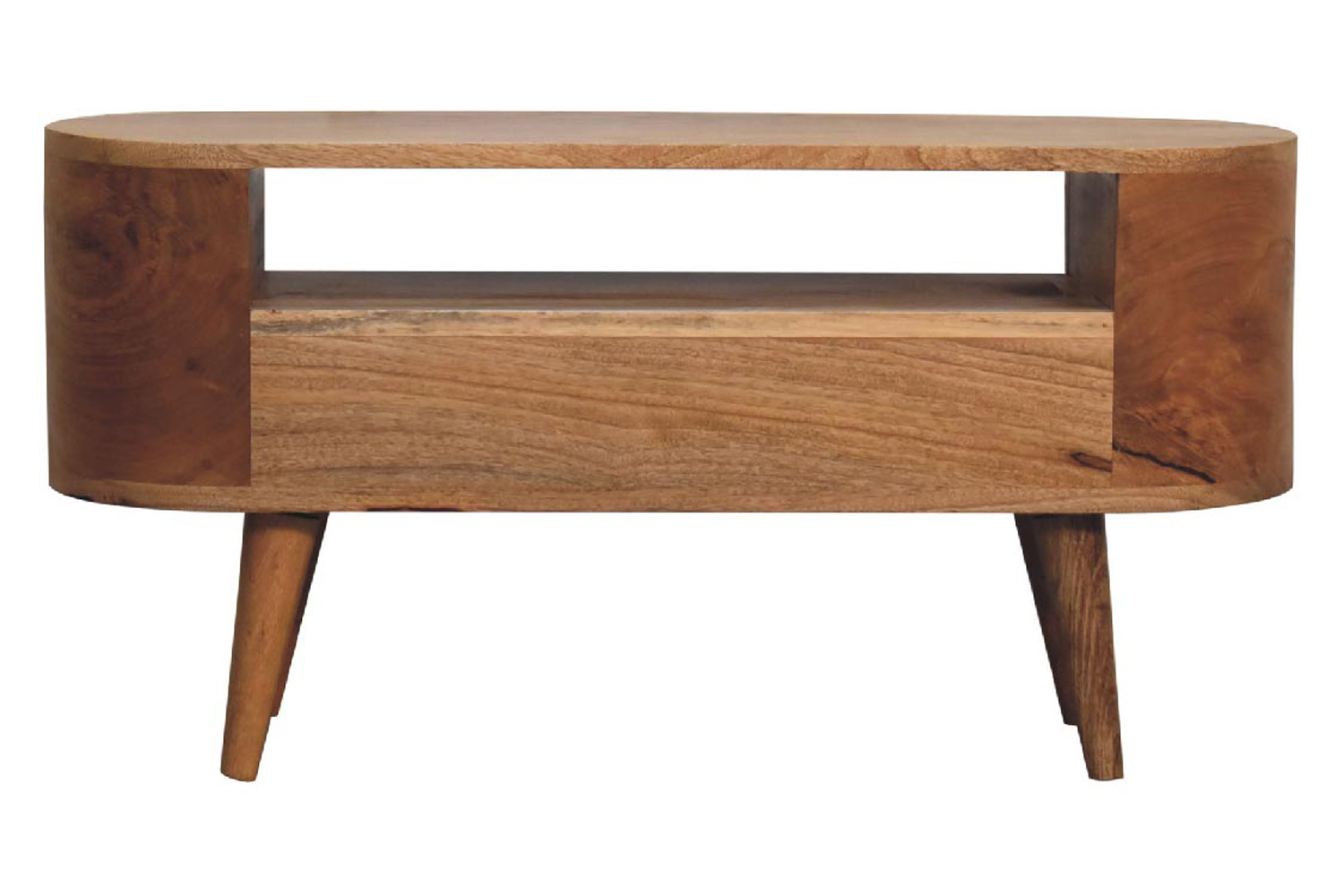 Artisan - Rounded Mini Entertainment Unit in Oak-ish, Open Shelf
