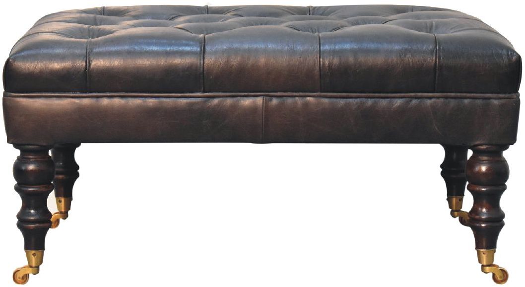 Artisan - Buffalo Ash Black Leather Ottoman With Castor Legs