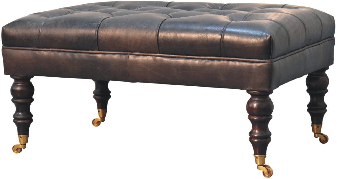 Artisan - Buffalo Ash Black Leather Ottoman With Castor Legs