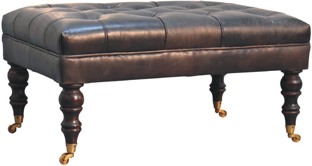 Artisan - Buffalo Ash Black Leather Ottoman With Castor Legs
