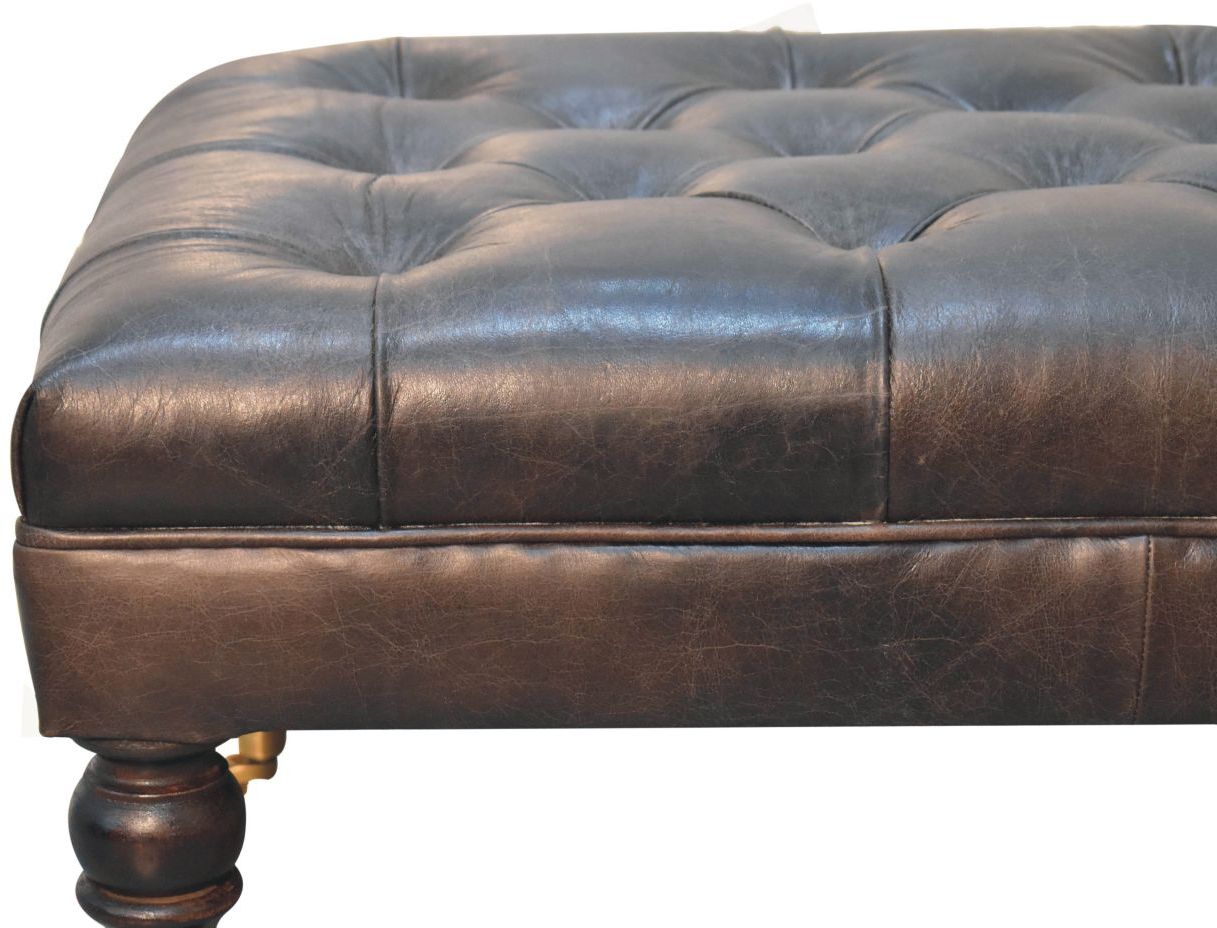 Artisan - Buffalo Ash Black Leather Ottoman With Castor Legs