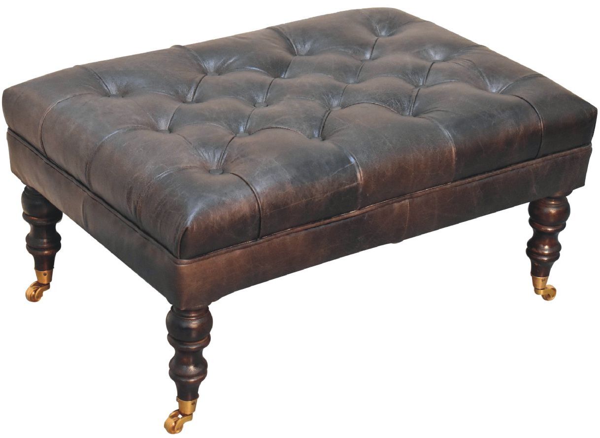 Artisan - Buffalo Ash Black Leather Ottoman With Castor Legs