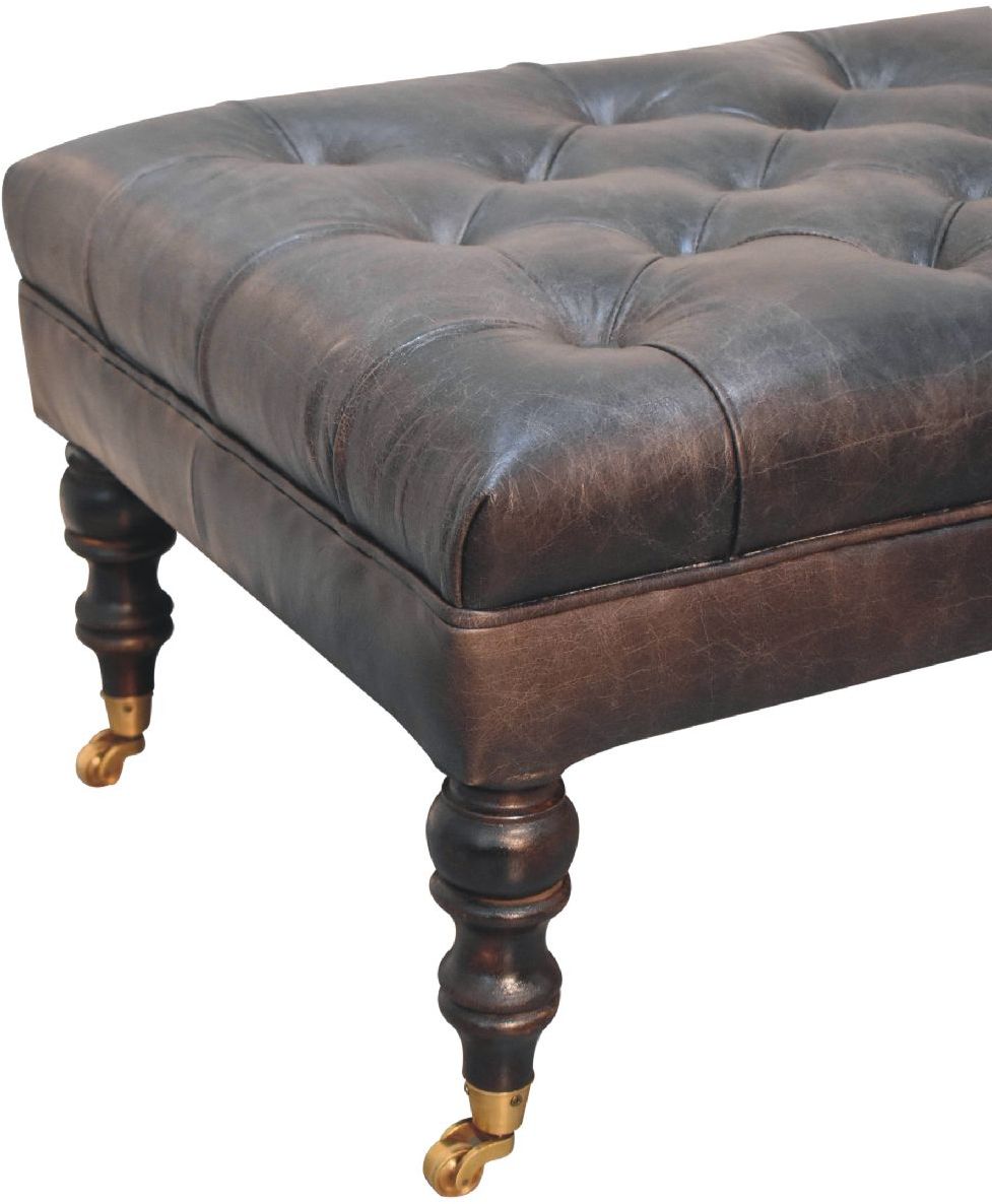 Artisan - Buffalo Ash Black Leather Ottoman With Castor Legs
