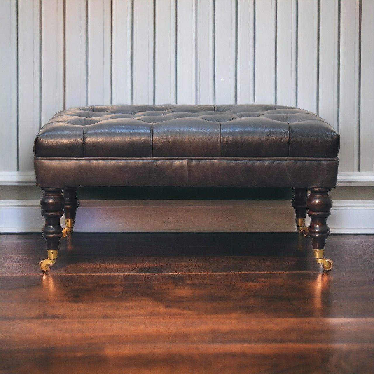 Artisan - Buffalo Ash Black Leather Ottoman With Castor Legs