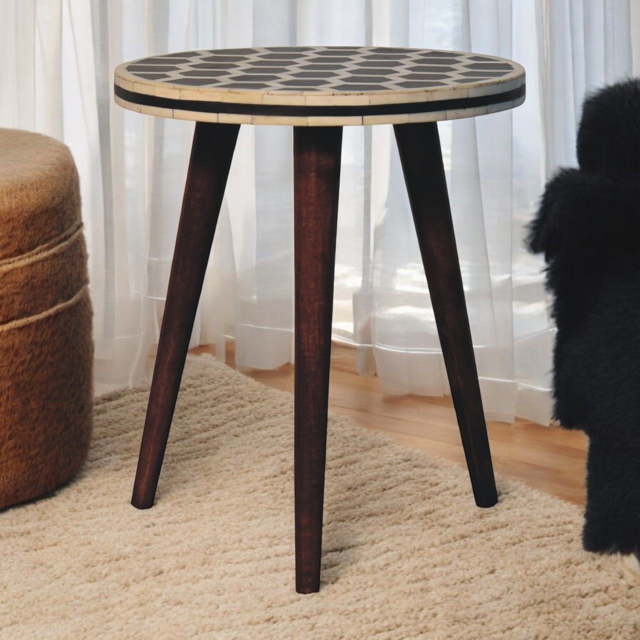 Artisan - Bone Inlay Tripod Stool With Honey Caramel Finish