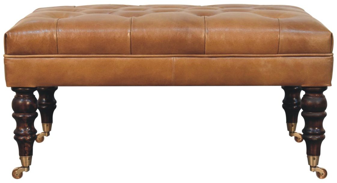 Artisan - California Walnut Buffalo Brown Leather Ottoman With Castor Legs