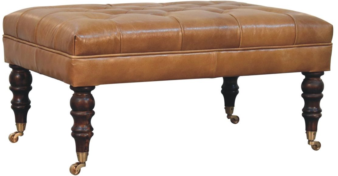 Artisan - California Walnut Buffalo Brown Leather Ottoman With Castor Legs