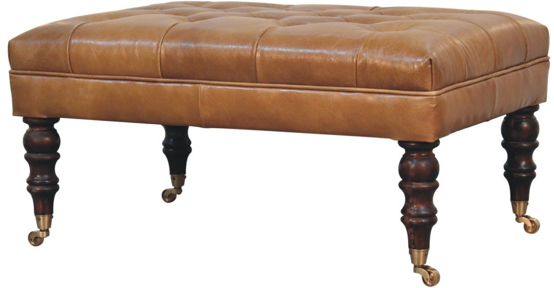Artisan - California Walnut Buffalo Brown Leather Ottoman With Castor Legs