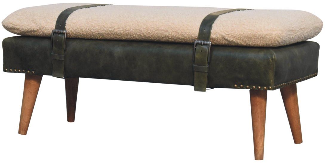 Artisan - Bouclé Buffalo Hide Olive Green Leather Bench