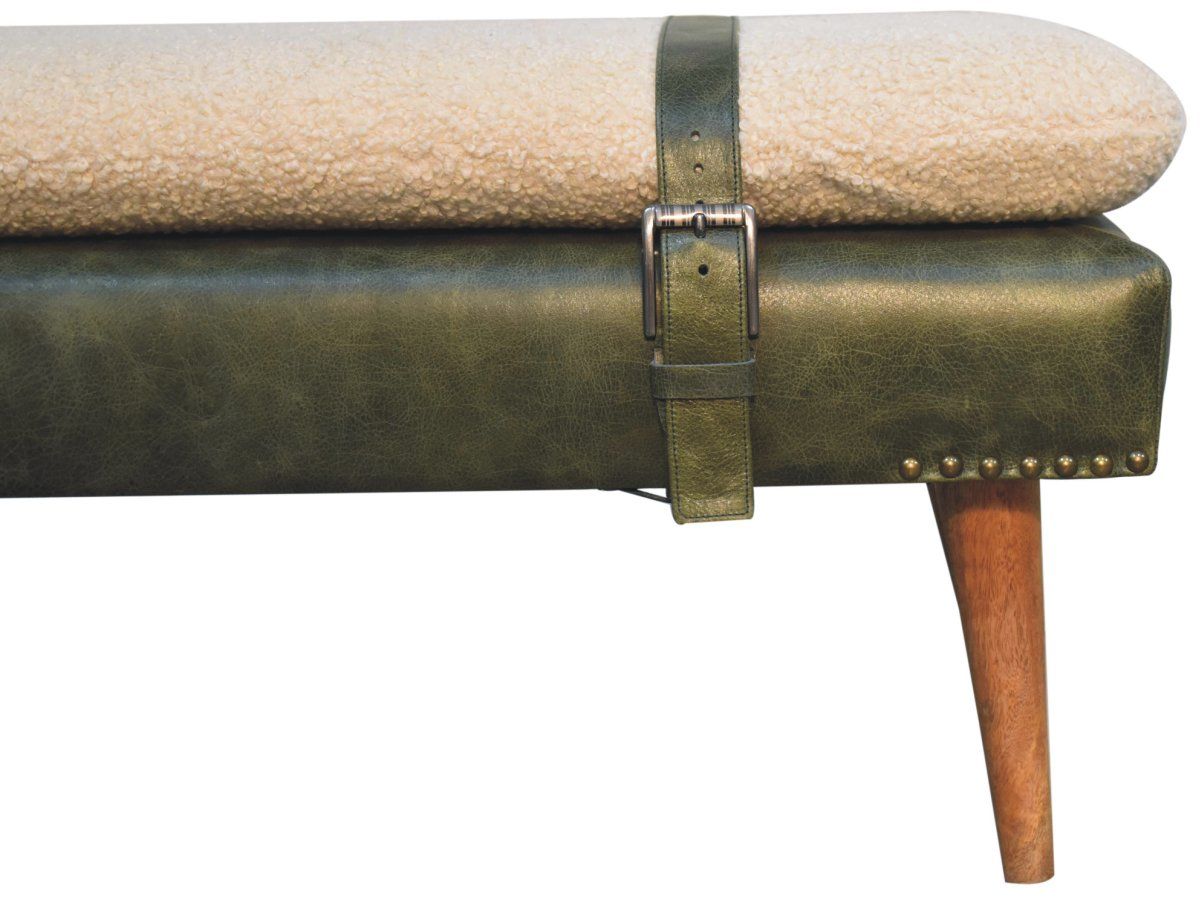 Artisan - Bouclé Buffalo Hide Olive Green Leather Bench