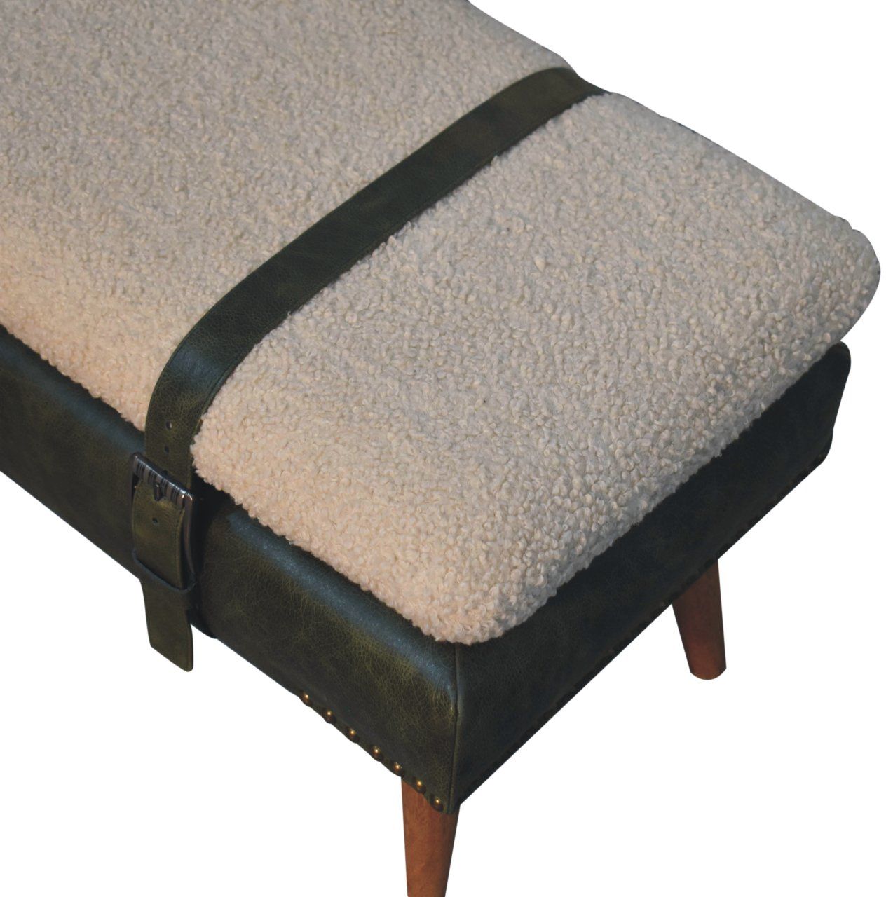 Artisan - Bouclé Buffalo Hide Olive Green Leather Bench
