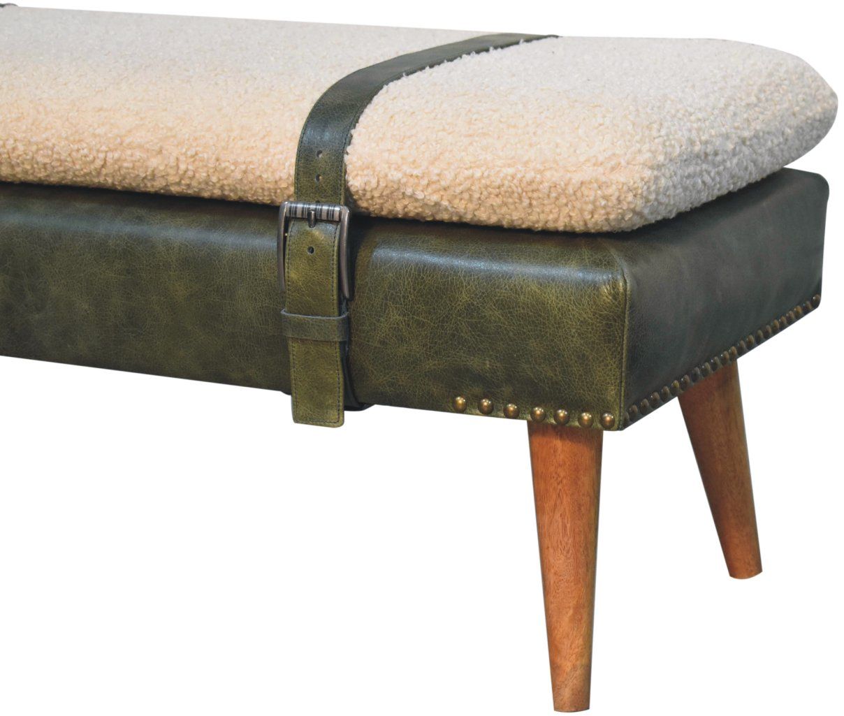 Artisan - Bouclé Buffalo Hide Olive Green Leather Bench