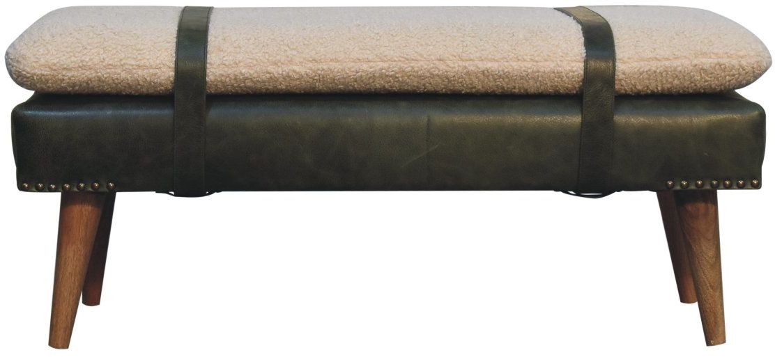 Artisan - Bouclé Buffalo Hide Olive Green Leather Bench