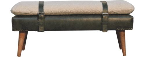 Artisan - Bouclé Buffalo Hide Olive Green Leather Bench