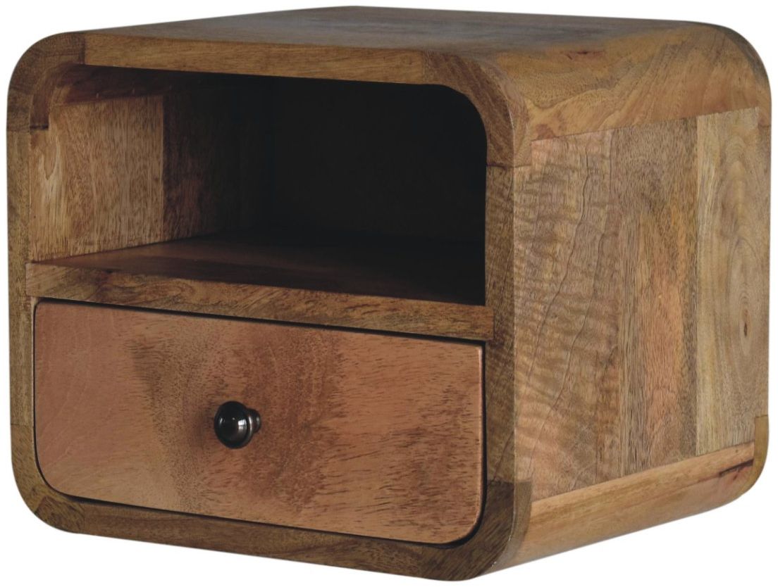 Artisan - Extra Mini Wall Mounted Curved Oak-Ish Bedside With Open Slot