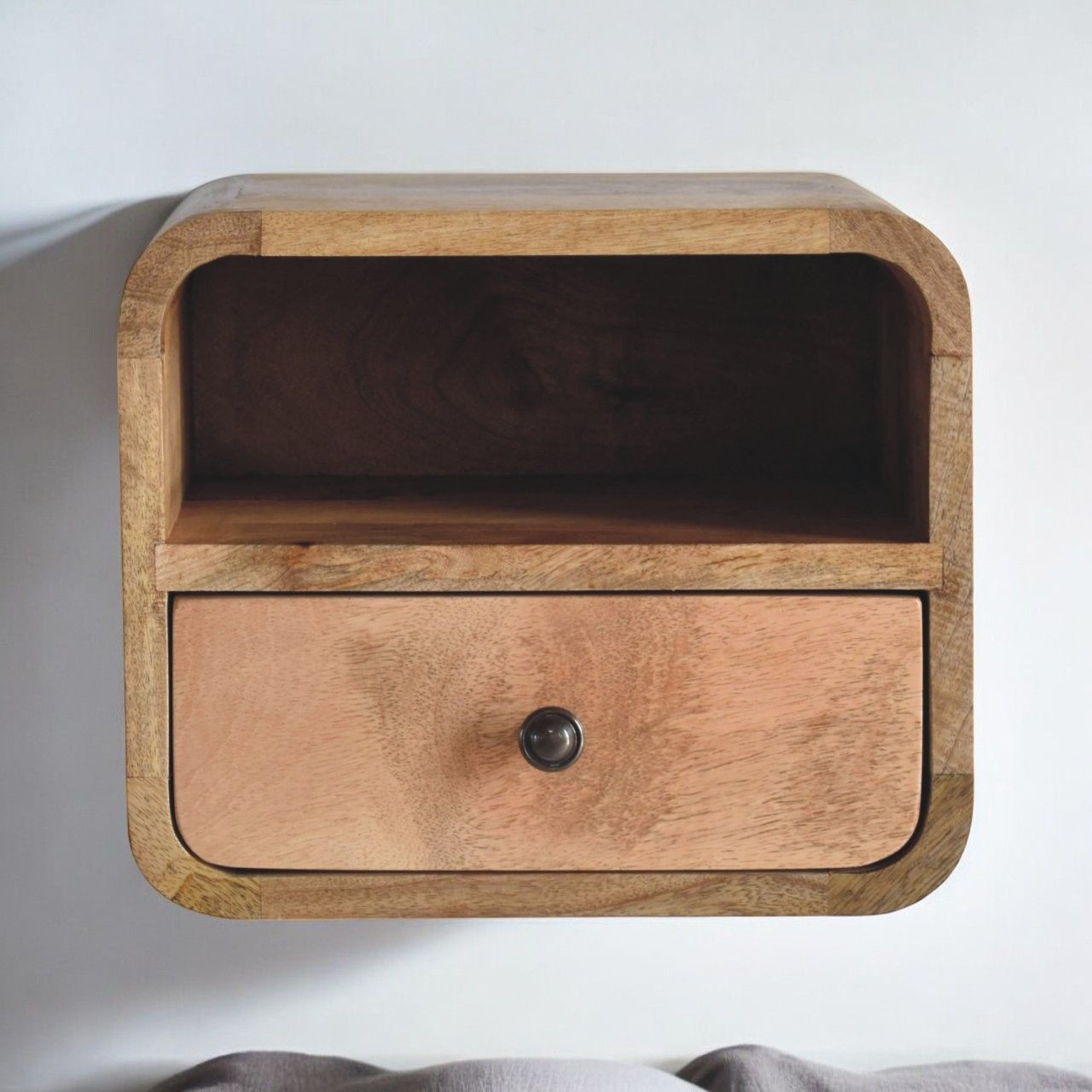 Artisan - Extra Mini Wall Mounted Curved Oak-Ish Bedside With Open Slot
